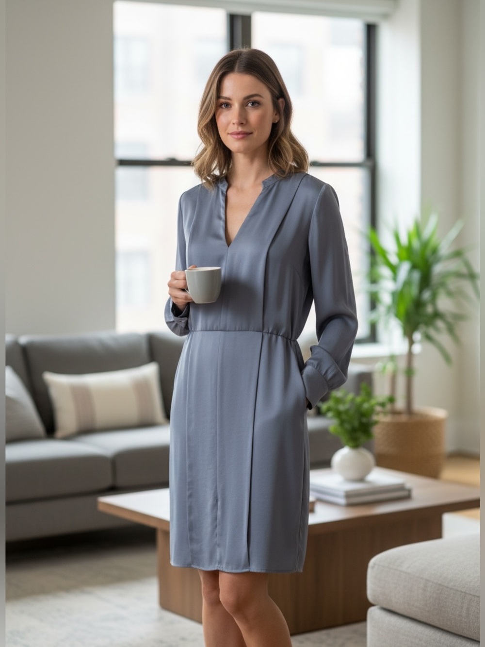 BCBGMaxAzria contemporary grey long sleeve pullover elastic waist dress medium